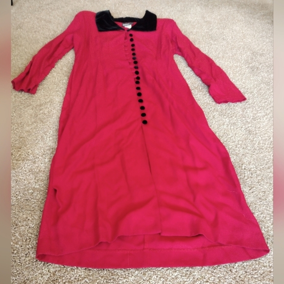 Dawn Joy Vintage Ruby Red Button Down Dress Velvet Accents - Picture 2 of 14